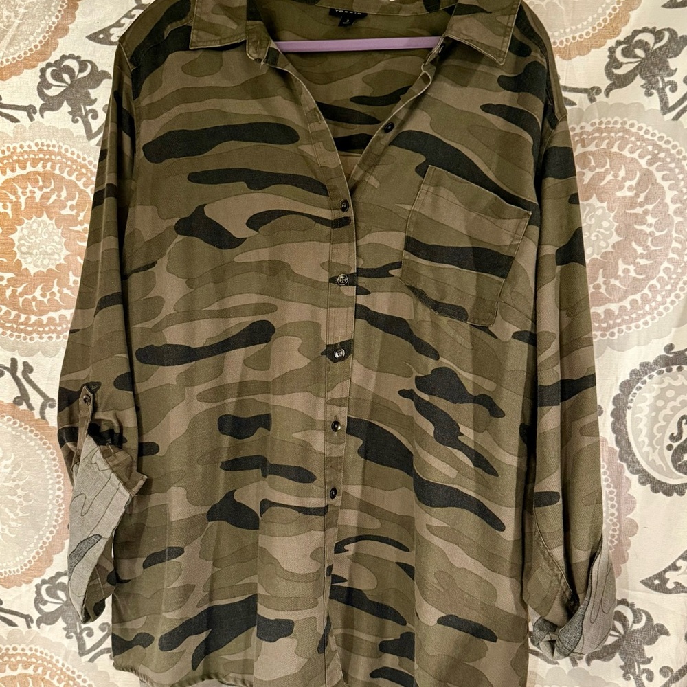 Torrid Green and Brown Camo Casual Button Down Shirt